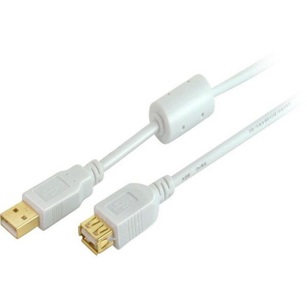 S-Conn USB Kabel, Typ A Stecker auf Typ A Kupplung, HIGH SPEED, FERRIT, vergoldete Kontakte, USB 2.0, weiß, 3,0m, 77123-WF