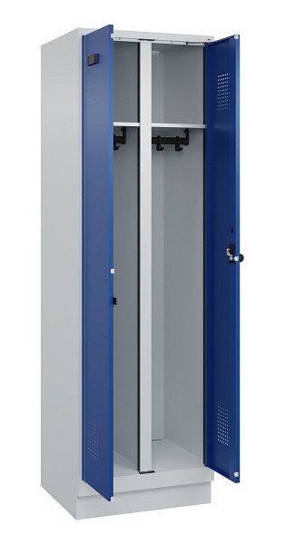 C+P Schwarz-Weiß-Spind Evolo PLUS, mit Sockel, 2 Abteile, 1950x600x500mm, 7035/5, Frontfarbe RAL 5010 Enzianblau, Drehriegel, 049022-20 S10006