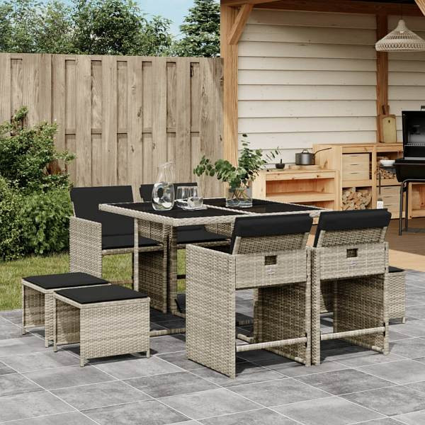 vidaXL 9-tlg. Garten-Essgruppe mit Kissen Hellgrau Poly Rattan, UV-beständig, 3277906