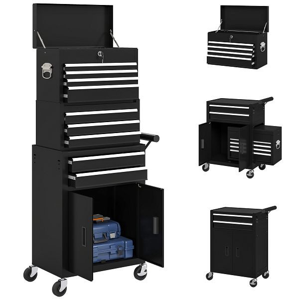 HOMCOM 3-in-1 Werkzeugkiste, Werkzeugschrank mit 4 Rädern, verschließbarer Werkzeugkasten mit 9 Schubladen, B20-124V00BK