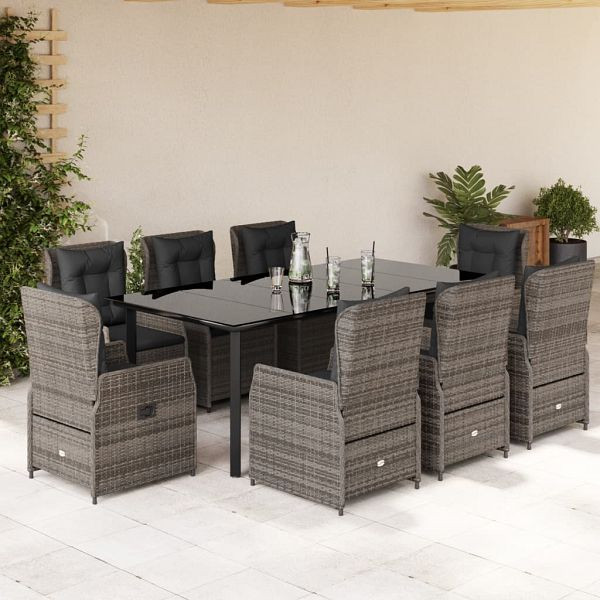 vidaXL 9-teilig Garten-Essgruppe mit Kissen Grau Poly Rattan, 3262867