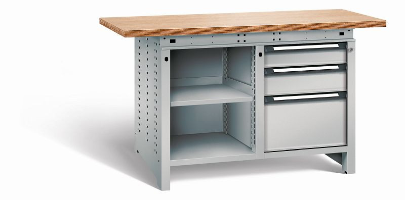 Otto Kind Werkbank Serie function Typ 212, Multiplexplatte, überstehend, 2x Unterbau, 1x Zentralverschluss, komplett RAL 9006, 072342296