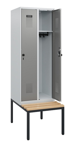 C+P Spind Evolo PLUS, 2 Abteile, 1950x600x815mm, 7035/0004, Drehriegel, Sitzfläche Holz, Sitzbank, 0490505-20 S10014