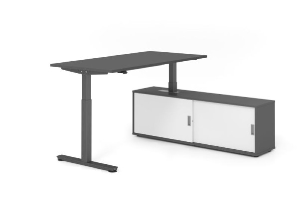 Hammerbacher Schreibtisch XMST16, 160x80cm, Platte: Graphit, T-Fuß Gestell Graphit, Höhe: 71 - 120 cm, Graphit / Weiß, VXMST16SB/G/G/G/W