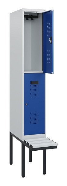 C+P Doppelstock-Spind Evolo PLUS, Bank, 2 Fächer, 1950x300x815mm, 7035/5010, Zylinderschloss, Sitzfläche Kunststoff, 0493405-10 S10141