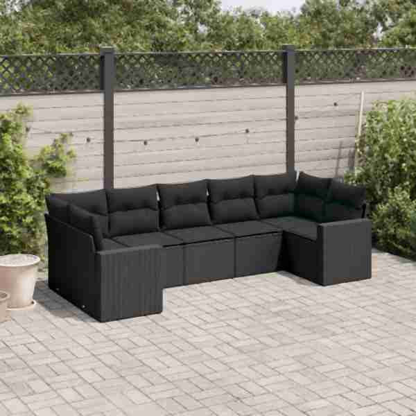 vidaXL 7-tlg. Garten-Sofagarnitur mit Kissen Schwarz Poly Rattan, UV-beständig, 3219375