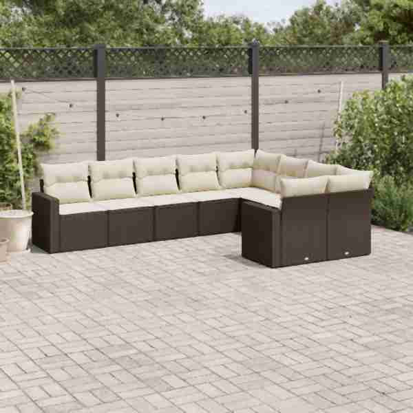 vidaXL 9-tlg. Garten-Sofagarnitur mit Kissen Braun Poly Rattan, UV-beständig, 3219433
