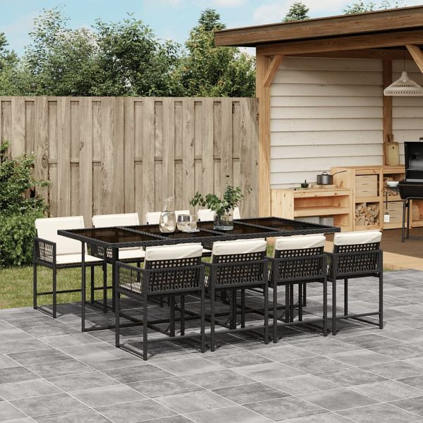 vidaXL 9-tlg. Garten-Essgruppe mit Kissen Schwarz Poly Rattan, 3211458