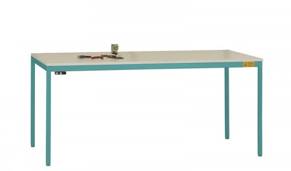 Manuflex ESD-Arbeitstisch UNIDESK mit Kautschukplatte, Gestell Wasserblau RAL 5021, BxTxH = 2000 x 800 x 720-730 mm, Wasserblau, LD1113.5021