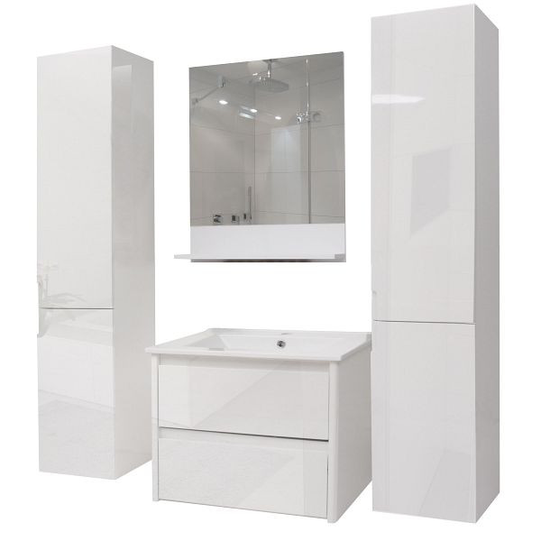 Mendler Badezimmerset HWC-B19, Waschtisch Wandspiegel 2x Hängeschrank, hochglanz, weiß, 57615+57614+57616+2x57618