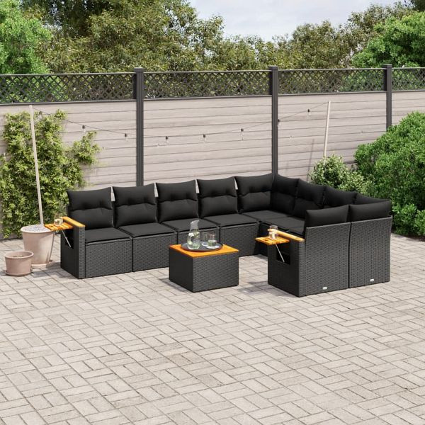 vidaXL 10-teilig Garten-Sofagarnitur mit Kissen Schwarz Poly Rattan, 3227147