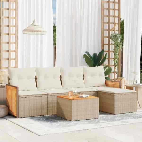 vidaXL 6-tlg. Garten-Sofagarnitur mit Kissen Beige Poly Rattan, UV-beständig, 3260007