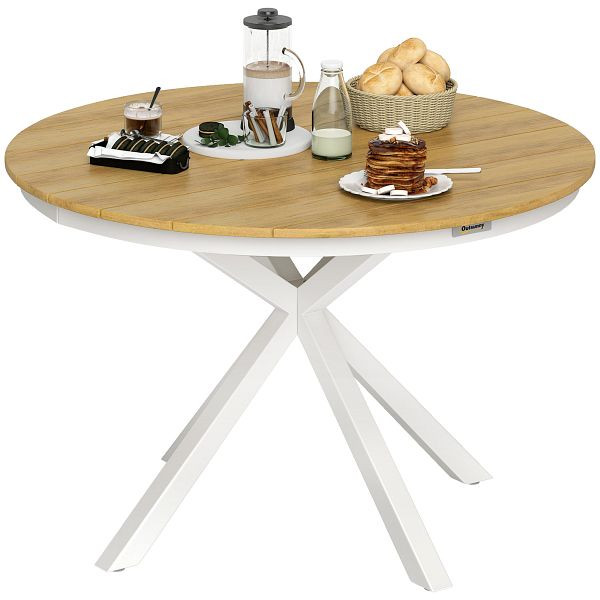 Outsunny Gartentisch Ø118cm, Wetterfest aus Aluminium, mit Kreuzbeine Lattendesign Teak, 84G-742V00TK