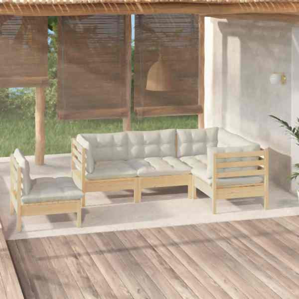 vidaXL 5-tlg. Garten-Lounge-Set mit Creme Kissen Kiefernholz, 3096406