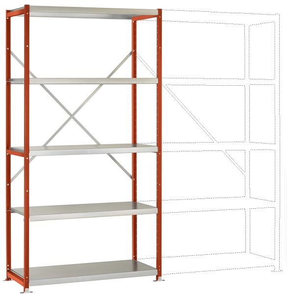 Manuflex Mittelschweres Fachboden-Steck-Grundregal mit 5 Stahlböden, HxBxT = 2000 x 1030 x 300 mm, rotorange, RP1017.2001