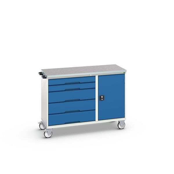 bott verso Montagewagen, mit 5 Schubladen, Tür und Linoleum-Top, BxTxH: 1300 x 600 x 980 mm, Lichtgrau / Enzianblau, 16927150.11