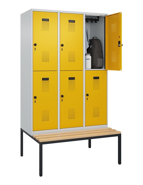 C+P Doppelstock-Spind Evolo PLUS, Bank, 6 Fächer, 2120x1200x815mm, 7035/1004, Drehriegel, Sitzfläche Buche-Hartholz, Sitzbank, 0493507-32 S10000