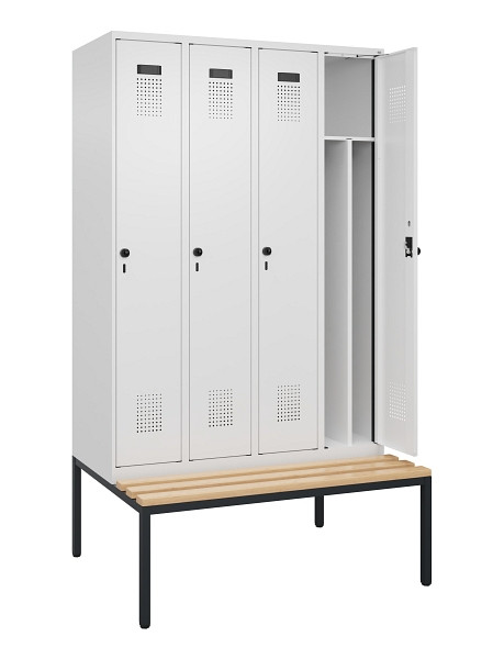 C+P Spind Evolo PLUS, 4 Abteile, 2120x1200x815mm, 9016/9016, Haken 4, Drehriegel, Sitzfläche Buche-Hartholz, Sitzbank, 0490507-40F S10020