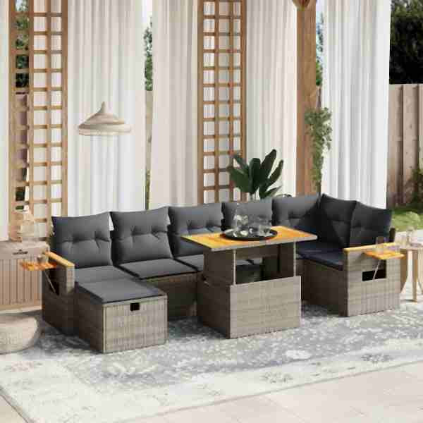 vidaXL 8-tlg. Garten-Sofagarnitur mit Kissen Grau Poly Rattan, UV-beständig, 3276154