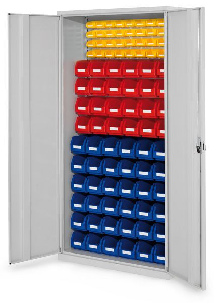 Kappes RasterPlan- Schlitzplattenschrank, H1950 x B 1000 x T 410 mm RAL 7035, Modell 57, Vollblechtüren bestückt mit Lagersichtkästen, 1353.08.1013