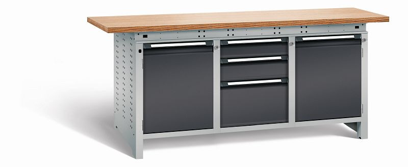 Otto Kind Werkbank Serie function Typ 310, Multiplexplatte 40 mm, überstehend, 2x Unterbau + mittleres Feld, Gehäuse RAL 9006, Front RAL 9005, 07236523N