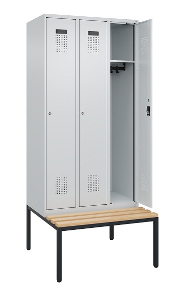 C+P Spind Evolo PLUS, 3 Abteile, 2120x900x815mm, 7035/7035, Haken 3, Zylinderschloss, Sitzfläche Buche-Hartholz, Sitzbank, 0490507-30 S10040