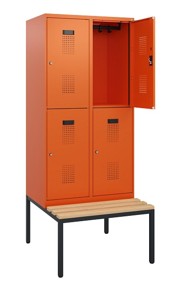 C+P Doppelstöckiger Spind Evolo PLUS, Bank, 4 Fächer, 1950x800x815mm, 2004/2004, Zylinderschloss, Sitzfläche Buche-Hartholz, Sitzbank, 0493505-22 S10067