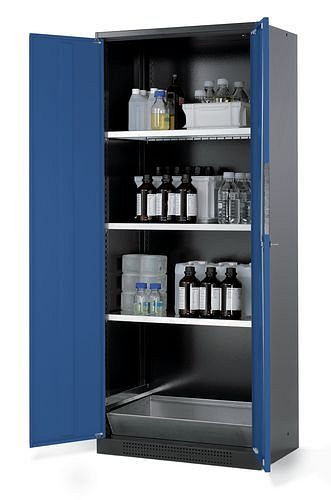 asecos Chemikalienschrank Systema CS-83, Korpus anthrazit, blau, 3 Einlegeböden und Bodenwanne, 202593