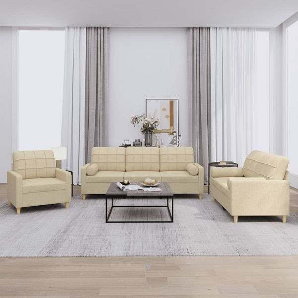 vidaXL 3-teilig Sofagarnitur mit Kissen Creme Stoff, 3201260
