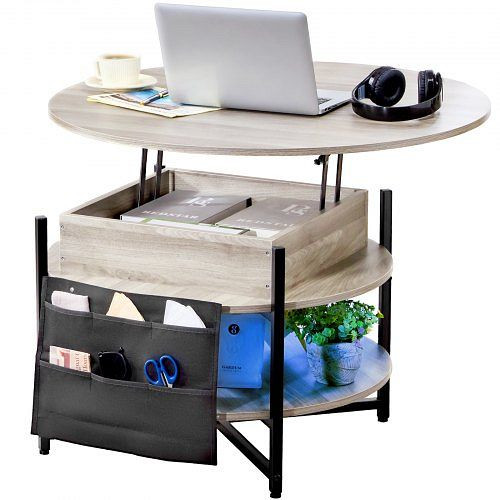 VEVOR Couchtisch Wohnzimmertisch Anhebbar Kaffeetisch Rund 90x90cm Grau, KFZ35YXWYBKFRLKOYV9