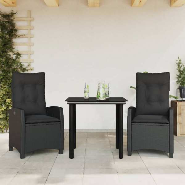 vidaXL 3-tlg. Garten-Essgruppe mit Kissen Schwarz Poly Rattan, UV-beständig, 3212752