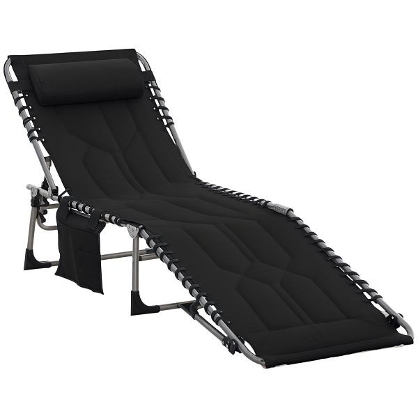 Outsunny Sonnenliege, Faltbare Gartenliege, Klappliege mit Kissen, 5-stufige Rückenlehne, Oxfordstoff, 188 x 57 x 30 cm, Schwarz, 84B-841BK