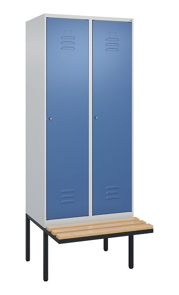 C+P Umkleidespind Classic PLUS, 2 Abteile, 2120x800x815mm, 7035/5023, Zylinderschlösser, Buche-Sitzleisten, je 2 Doppel-Haken, 0800407-22F S10049
