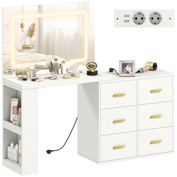HOMCOM Schminktisch mit verstellbarem LED-Spiegel, Steckdosen, 6 Schubladen, 2 offene Regale, Weiß, 83D-003V90WT