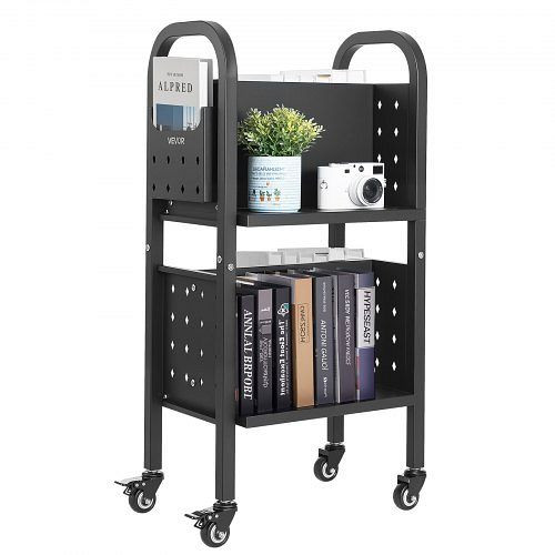 VEVOR Bücherwagen, 70 kg, 45x33x88 cm, Doppelseitiges L-förmiges Regal mit Bremsrollen, für Wohnzimmer, Büro, Schule, Schwarz, LXTSGTCHS1003OVCP001V0