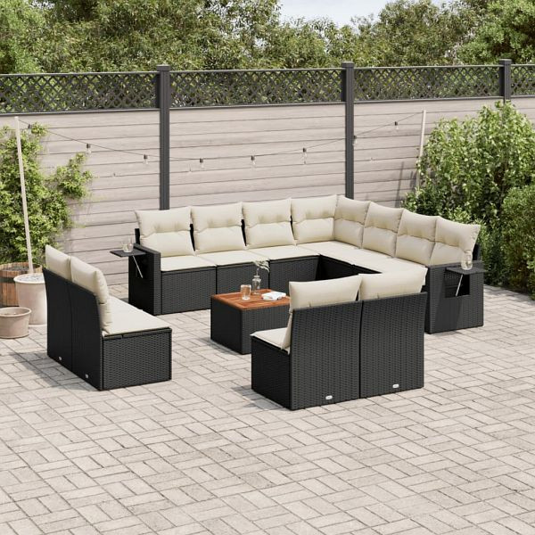 vidaXL 12-tlg. Garten-Sofagarnitur mit Kissen Schwarz Poly Rattan, 3256952