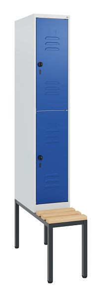 C+P Doppelstöckiger Spind Classic PLUS, Bank, 1950x300x815mm, 7035/5010, Drehriegel, Sitzleisten aus Buche, mit untergebauter Sitzbank, 0803505-10 S10003