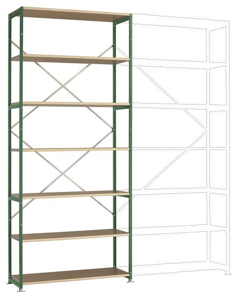Manuflex Breitfach-Steckregal Grundregal mit 7 Holzverbundböden, HxBxT = 3000 x 1280 x 600 mm, resedagrün, RP1628.6011