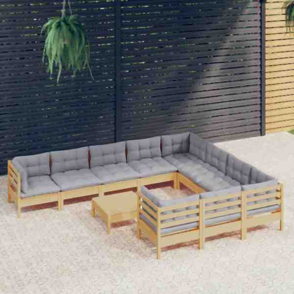 vidaXL 11-tlg. Garten-Lounge-Set mit Grauen Kissen Kiefernholz, 3097000