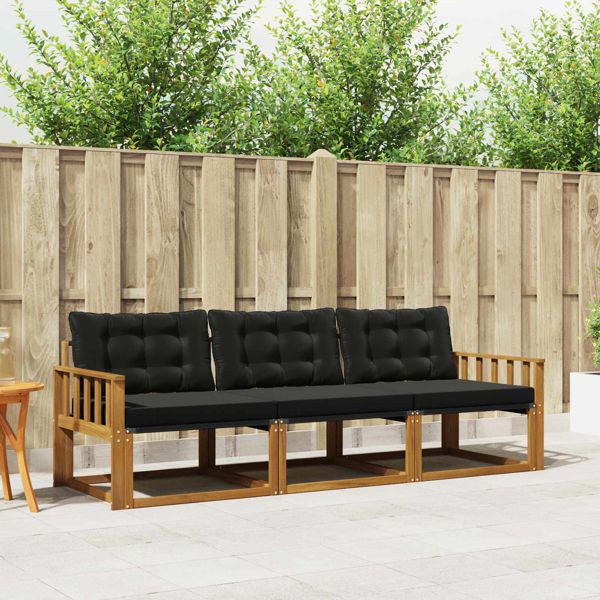 vidaXL Outdoor-Sofagarnitur mit Kissen 3-teilig Natürlich und Schwarz, 3369143