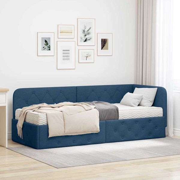 vidaXL Eckbettgestell mit Matratze mit Kopfteil Blau 80 x 200 cm Stoff, 3394036