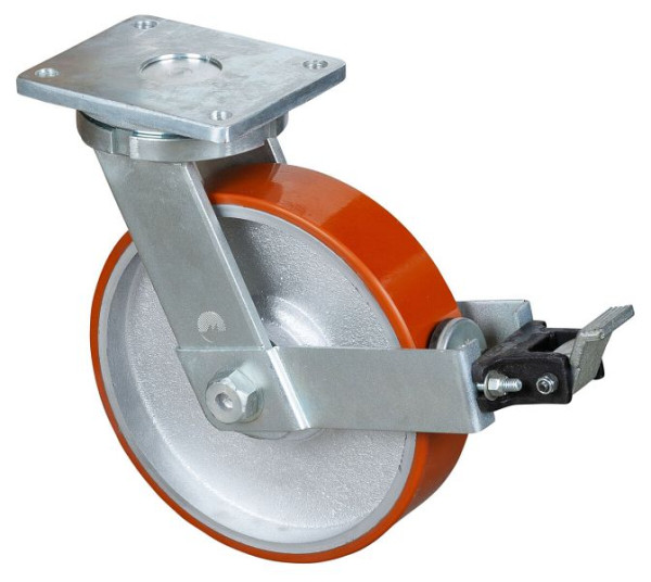 BS Rollen Schwerlastrolle mit Rad-/Feststeller, Breite 75 mm, Ø300 mm, bis 2000 kg, Guss-Polyurethan 95 Shore A, Körper Guss, Kugellager, RR120.C10.301