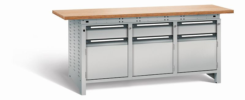 Otto Kind Werkbank Serie function Typ 309, Multiplexplatte 40 mm, überstehend, 2x Unterbau + mittleres Feld, komplett RAL 9006, 072364296