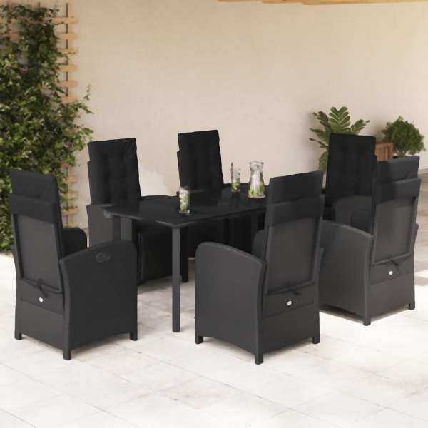 vidaXL 7-tlg. Garten-Essgruppe mit Kissen Schwarz Poly Rattan, UV-beständig, 3212539