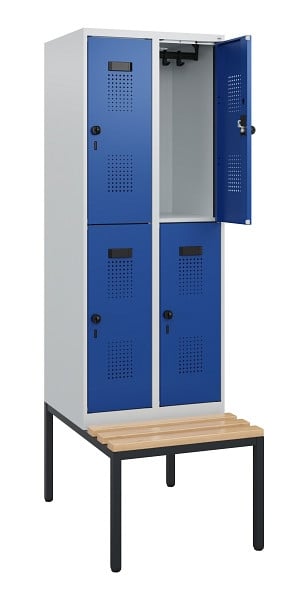 C+P Doppelstöckiger Spind Evolo PLUS, Bank, 4 Fächer, 1950x600x815mm, 7035/5010, Drehriegel, Sitzfläche Buche-Hartholz, Sitzbank, 0493505-20 S10006