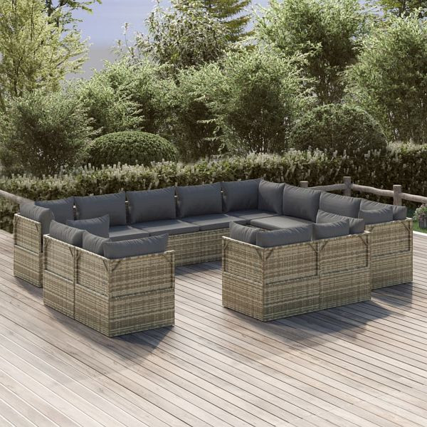 vidaXL 12-teilig Garten-Lounge-Set mit Kissen Grau Poly Rattan, 3157464