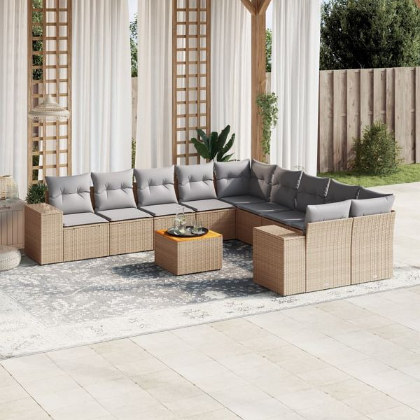 vidaXL 11-teilig Garten-Sofagarnitur mit Kissen Beige Poly Rattan, 3257970