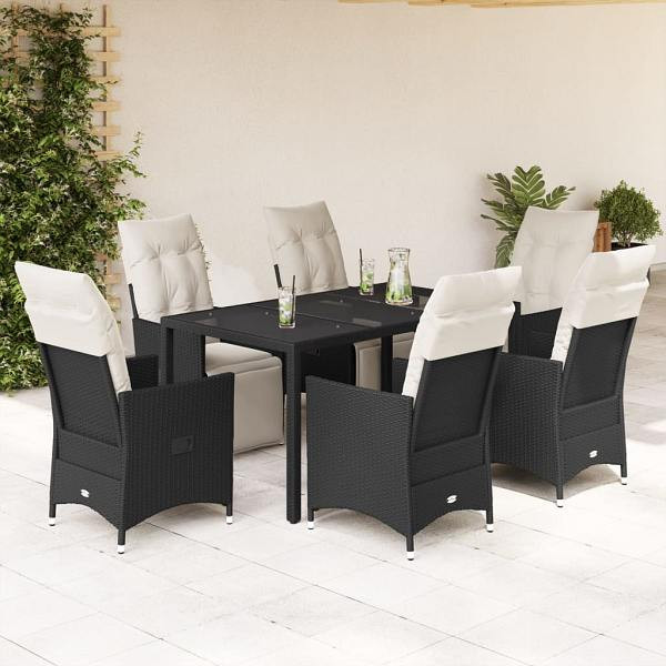 vidaXL 7-tlg. Garten-Essgruppe mit Kissen Schwarz Poly Rattan, UV-beständig, 3276866