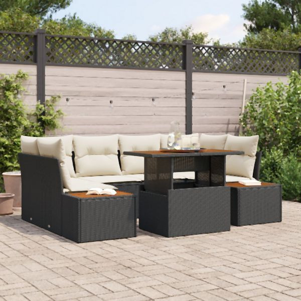 vidaXL Garten Sofa Set 6-teilig Schwarz und Creme PE Rattan, Polyester, 3350034