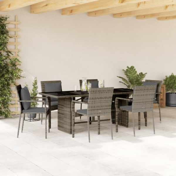 vidaXL 7-tlg. Garten-Essgruppe mit Kissen Grau Poly Rattan, UV-beständig, 3213492